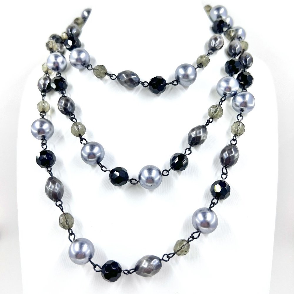 Grey Faux Pearl & Black Beaded Single Strand Black Tone 48” Necklace